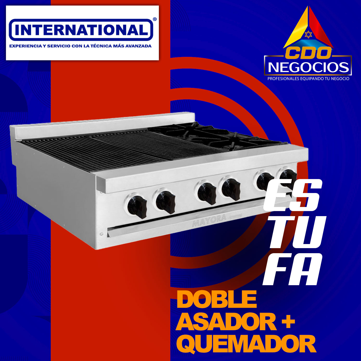Estufa modular 2 secciones de asador + 1 seccion de quemadores international - Mayora